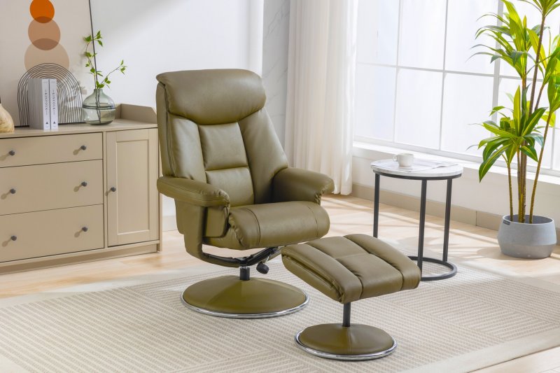 Morgan Swivel Recliner with Free Footstool in Olive Green