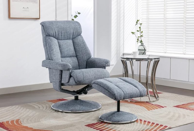 Morgan Swivel Recliner with Free Footstool in Blue Fabric