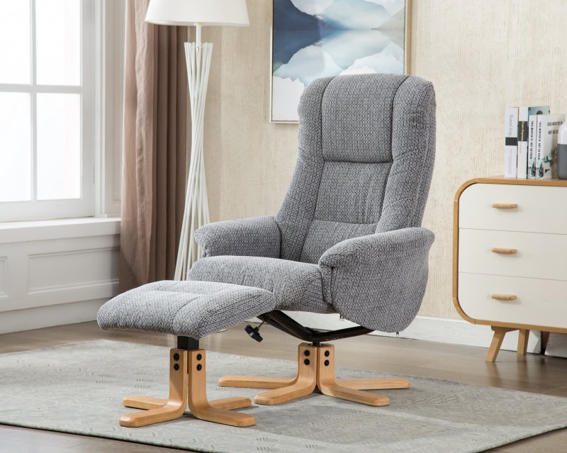 Piper Swivel Recliner + Free Footstool in Lake Blue Fabric