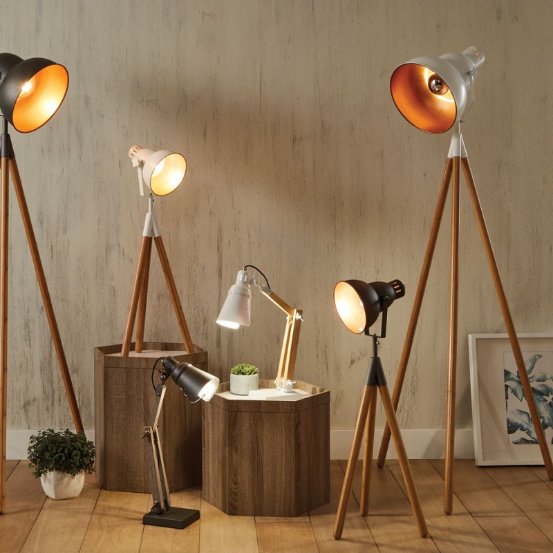 Tripod Floor Lamp - White Metal/Nat Wood