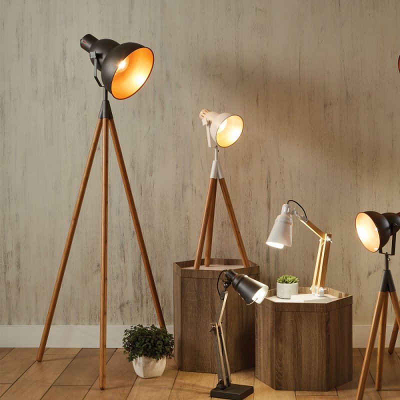 Tripod Floor Lamp - Grey Metal / Nat Wood