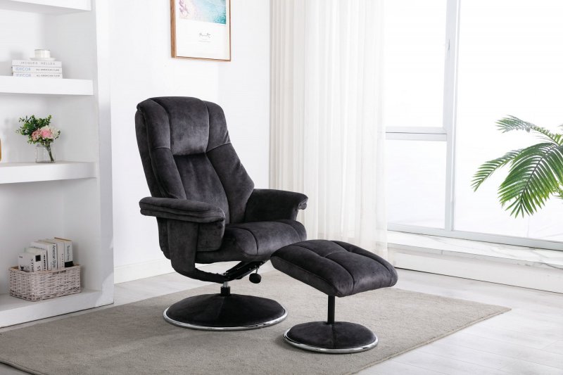 Franklin Swivel Recliner + Footstool In Liquorice Fabric