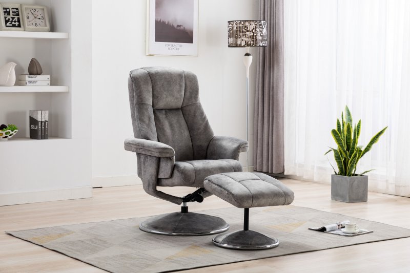 Franklin Swivel Recliner + Footstool In Elephant Fabric