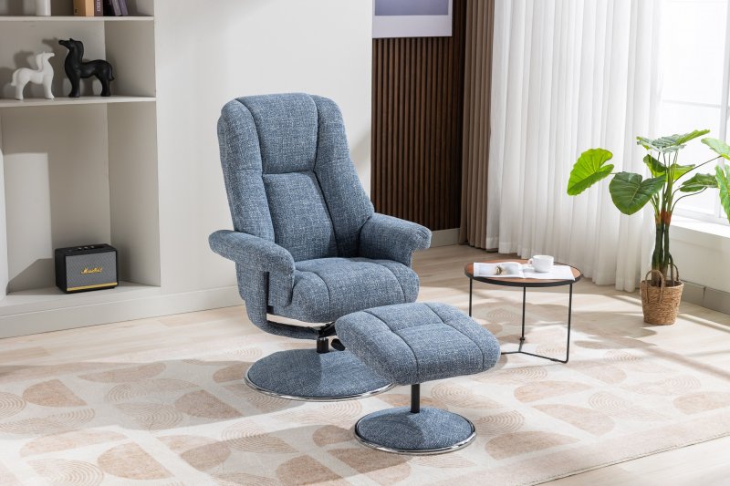 Franklin Swivel Recliner + Footstool In Ocean Fabric