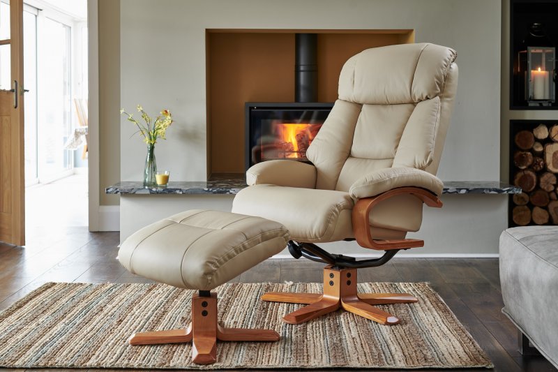 Penrith Swivel Recliner + Free Footstool in Ivory Leather Match