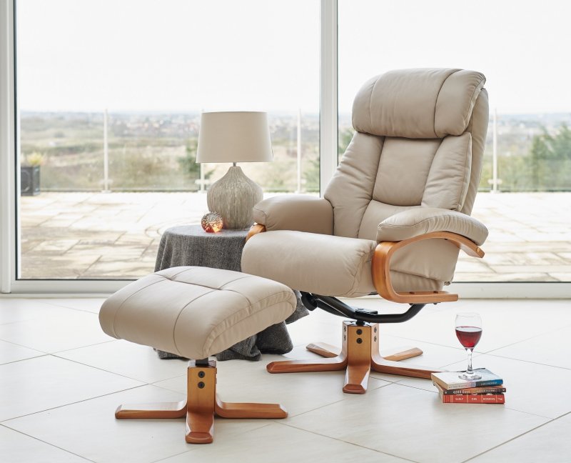 Penrith Swivel Recliner + Free Footstool in Pebble Leather Match