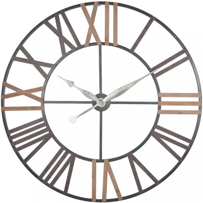 Antique Grey Metal & Wood Round Wall Clock