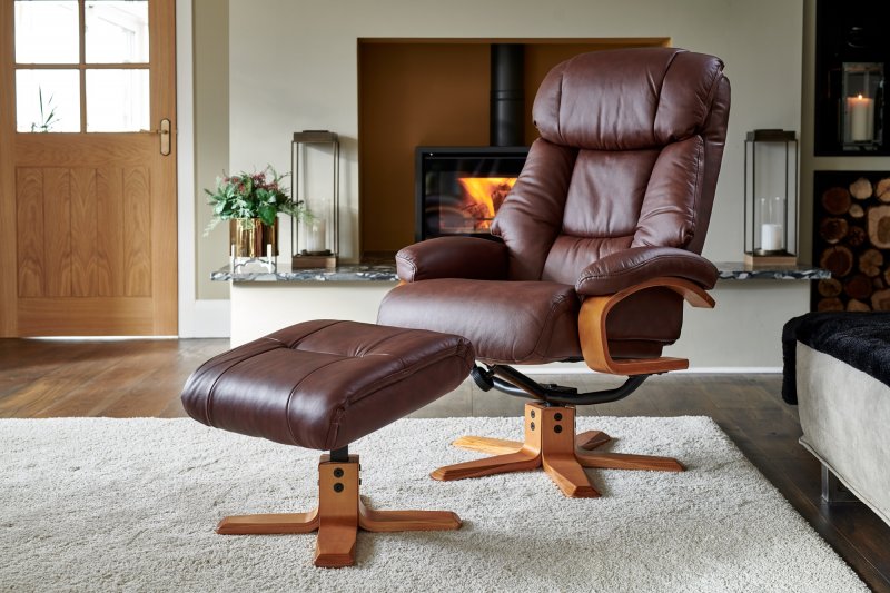 Penrith Swivel Recliner + Free Footstool in Chestnut Leather Match