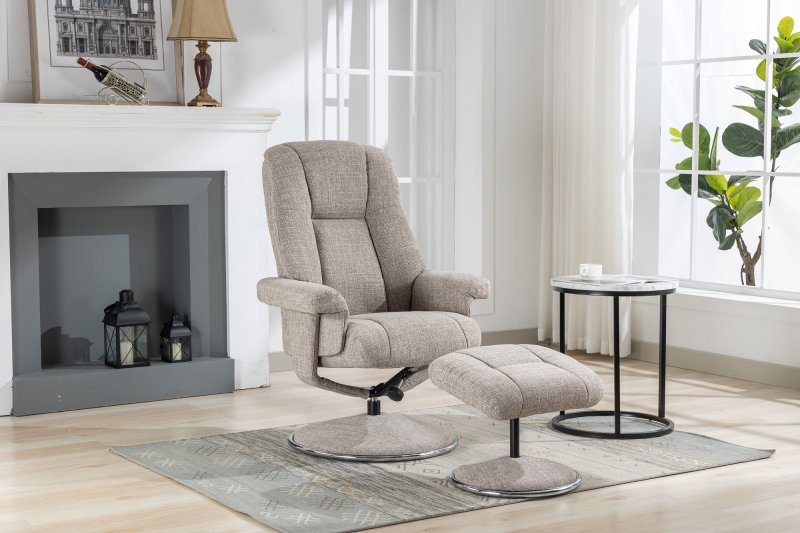 Franklin Swivel Recliner + Footstool In Oat Fabric