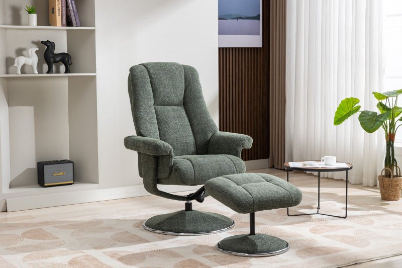 Franklin Swivel Recliner + Footstool in Fern Fabric