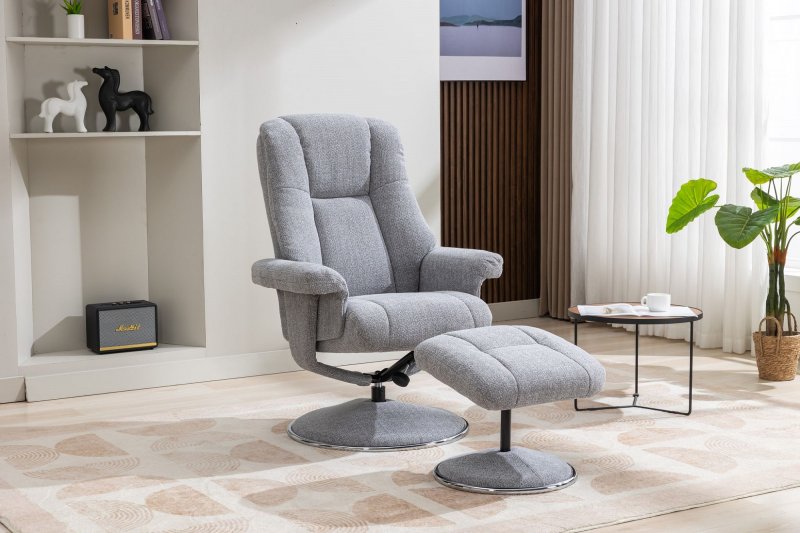 Franklin Swivel Recliner + Footstool In Dove Fabric