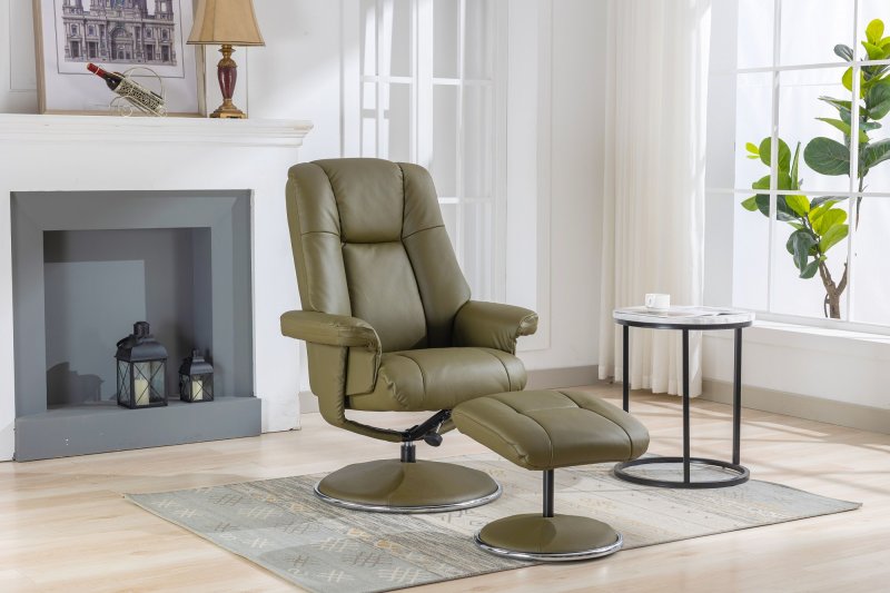 Franklin Swivel Recliner + Footstool In Olive Green