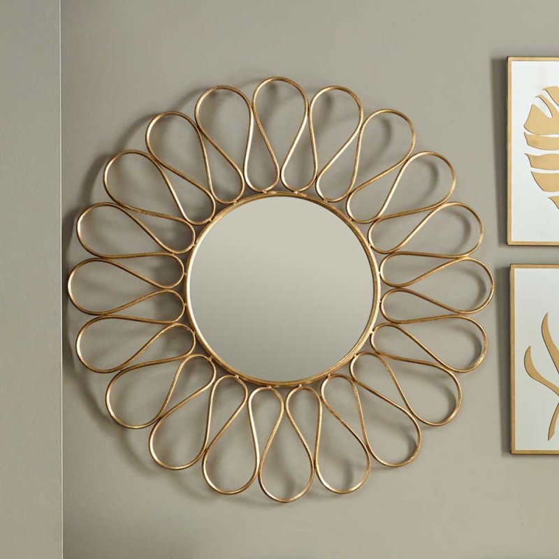 Antique Gold Metal Petal Design Round Wall Mirror