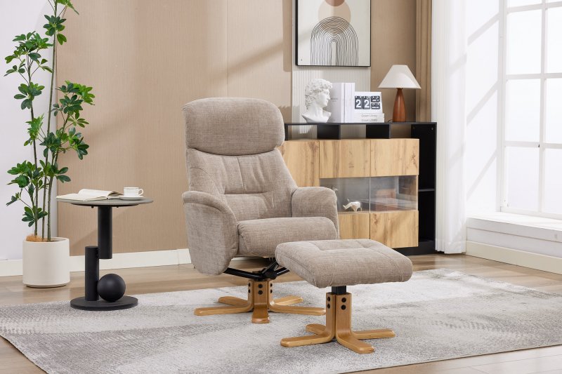 Felicia Swivel Recliner + FREE Footstool In Sand Fabric