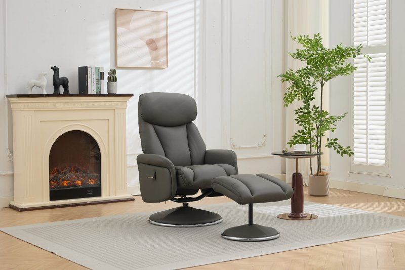 Balvaro Swivel Recliner + FREE Footstool In Charcoal Leather