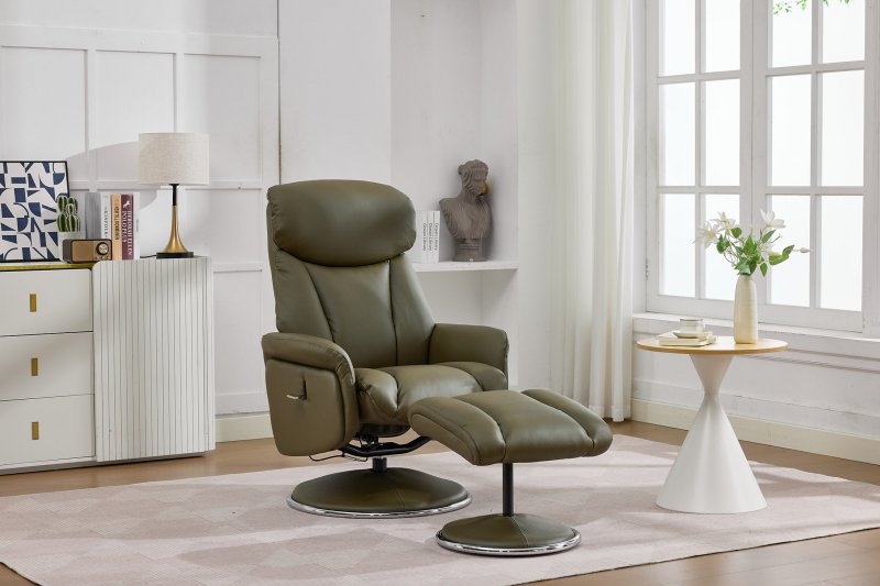 Balvaro Swivel Recliner + FREE Footstool In Green Leather
