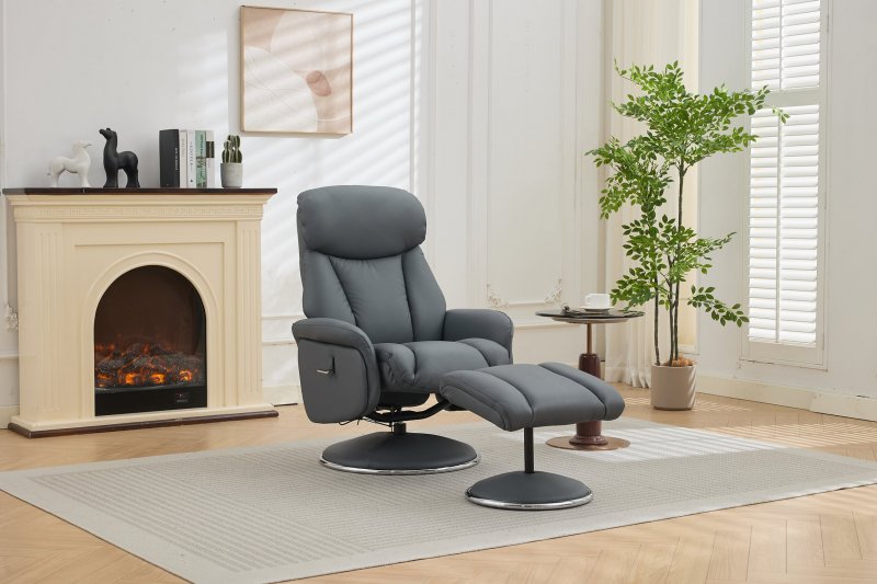 Balvaro Swivel Recliner + FREE Footstool In Blue Leather