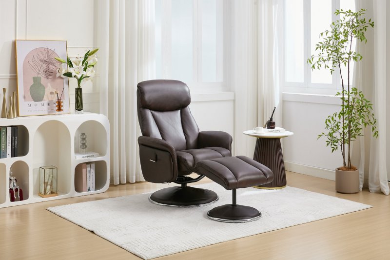 Balvaro Swivel Recliner + FREE Footstool In Dark Brown Leather