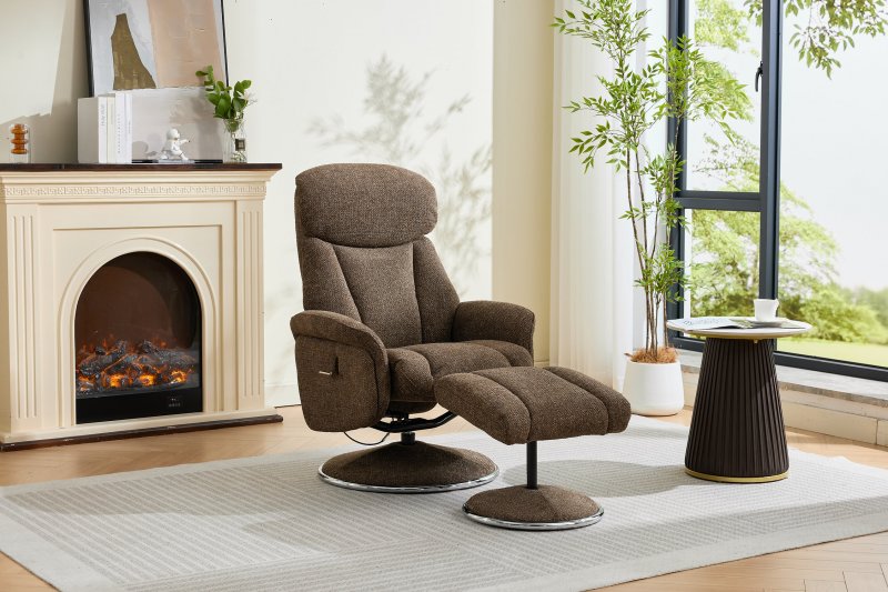 Balvaro Swivel Recliner + FREE Footstool In Brown Fabric